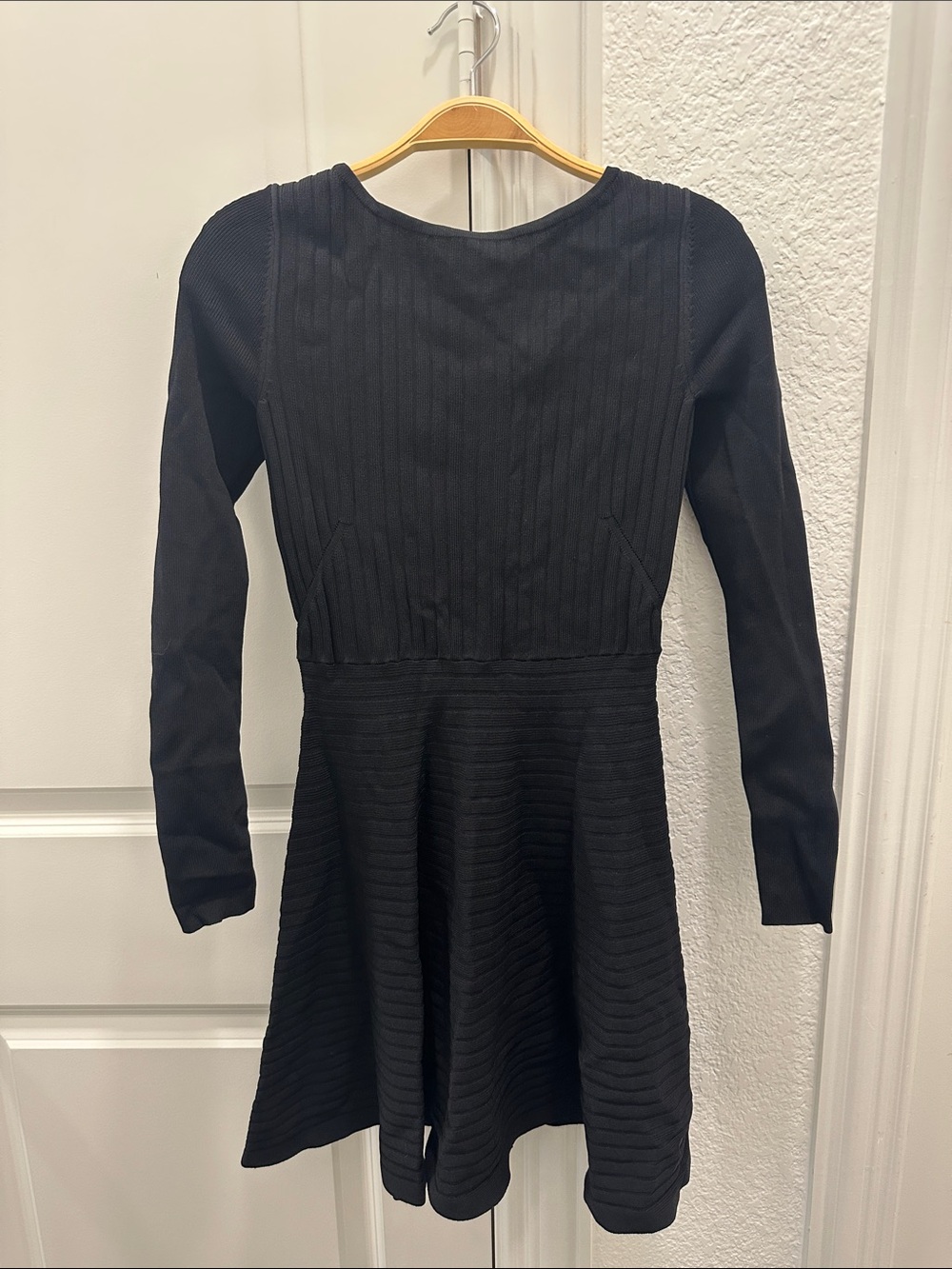 Topshop Black Ribbed Fit-and-Flare Long Sleeve Dress
